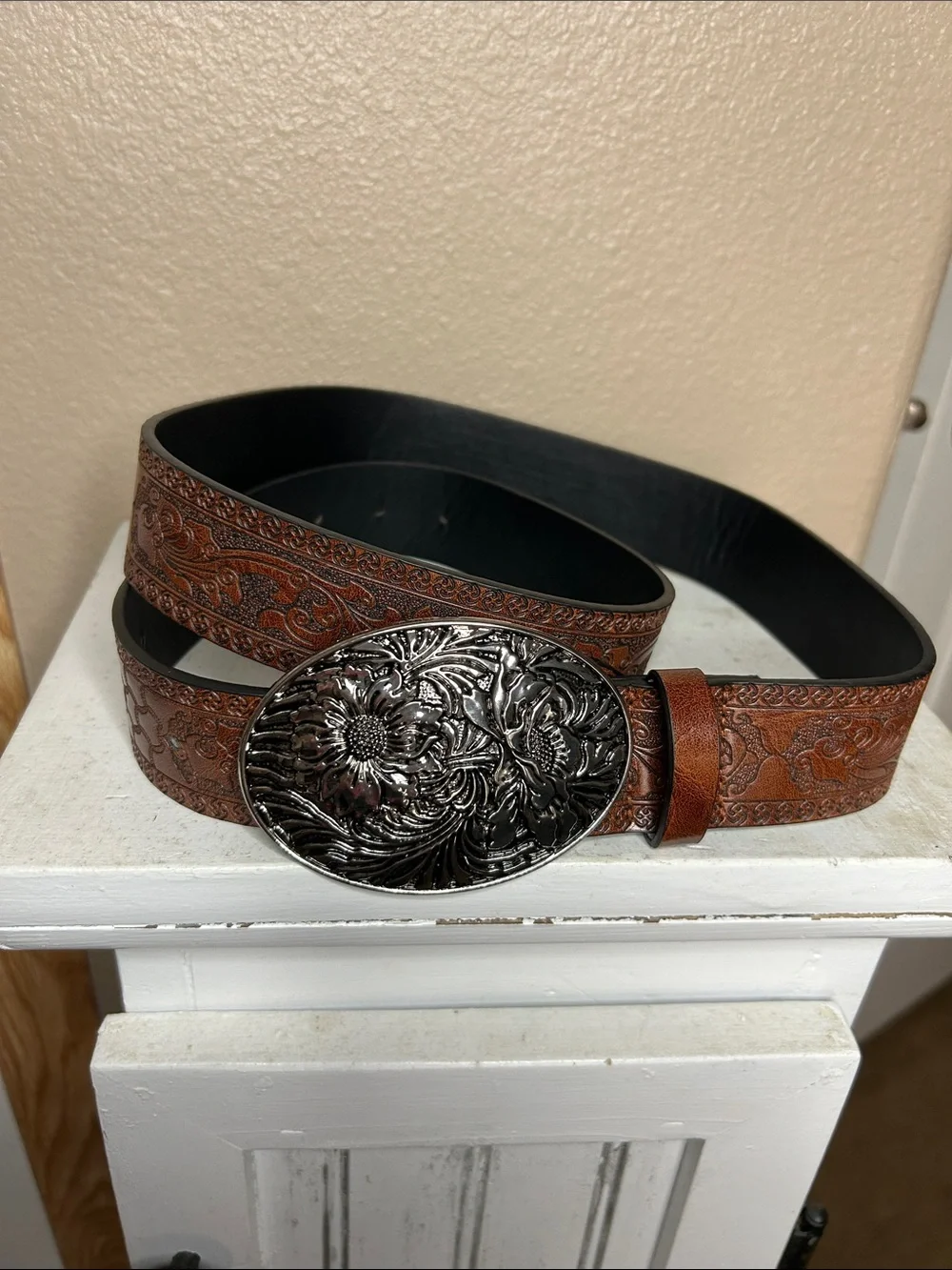WESTERN Floral Embossed PU Belt and Buckle